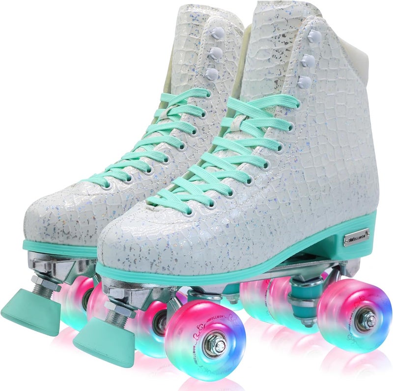 WELLWON Roller Skate for Women Girls and Kids, High-top Double Row-Classic Rollerskates Size 5 6 7 8 9 10 11 and Youth Size 2 3, Indoor Outdoor Roller Skates for Beginner Ladies with Light-up Wheels - Image 1
